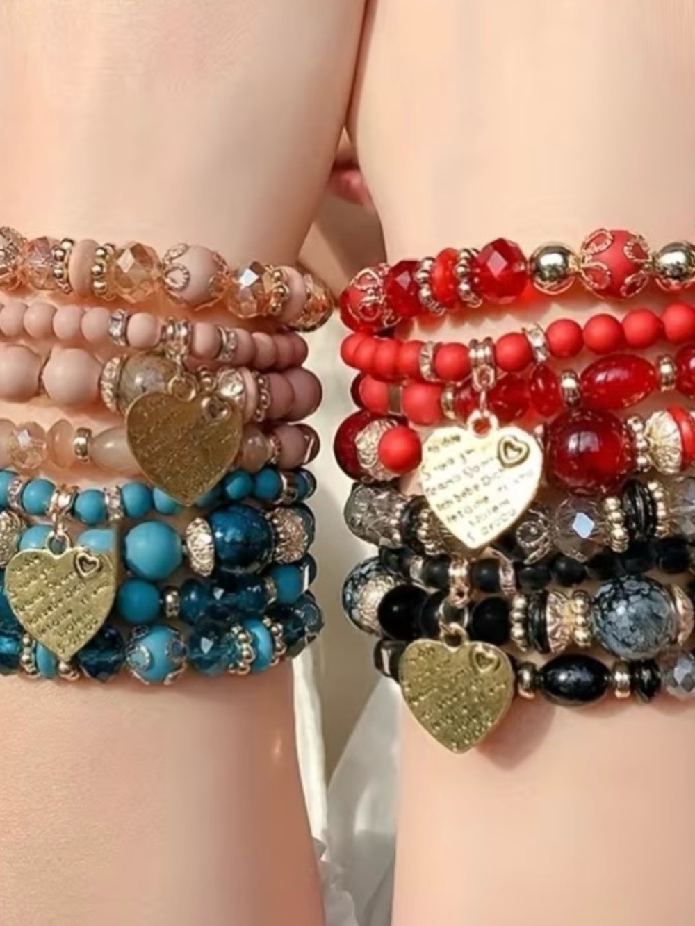 4pcs  Beaded Heart Charm Bracelet Stack -pink